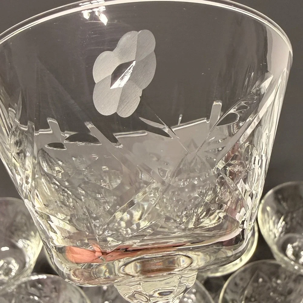 Set of 10 Vintage Libbey Rock Sharpe Crystal Cocktail Glasses Etched Floral MCM